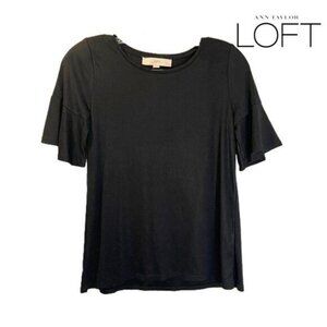 LOFT Women's Flutter Sleeve Top‎ Flounce Crew Tee In Black